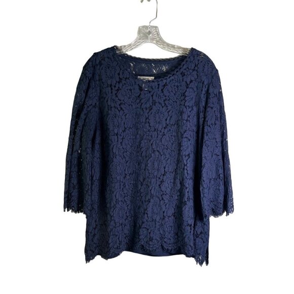 ISAAC Mizrahi Live! Navy Women's Shell with Lace Overlay 3/4 Sleeves Size L - Picture 1 of 12
